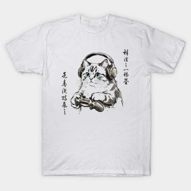 Gamer Cat Blue Eyes Japanese Aesthetic Cat Lover T-Shirt by ArtistTee ⭐⭐⭐⭐⭐
