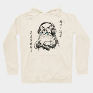 Gamer Cat Blue Eyes Japanese Aesthetic Cat Lover Hoodie