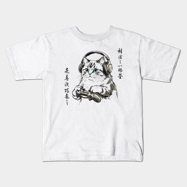 Gamer Cat Blue Eyes Japanese Aesthetic Cat Lover Kids T-Shirt by ArtistTee ⭐⭐⭐⭐⭐