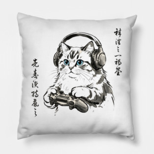 Gamer Cat Blue Eyes Japanese Aesthetic Cat Lover Pillow