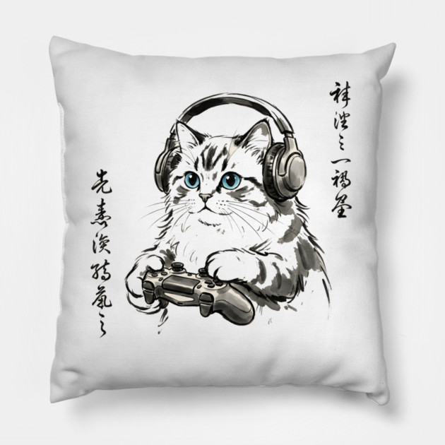 Gamer Cat Blue Eyes Japanese Aesthetic Cat Lover Pillow by ArtistTee ⭐⭐⭐⭐⭐