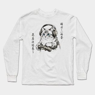 Gamer Cat Blue Eyes Japanese Aesthetic Cat Lover Long Sleeve T-Shirt