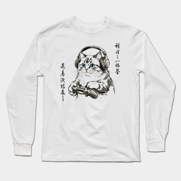 Gamer Cat Blue Eyes Japanese Aesthetic Cat Lover Long Sleeve T-Shirt by ArtistTee ⭐⭐⭐⭐⭐