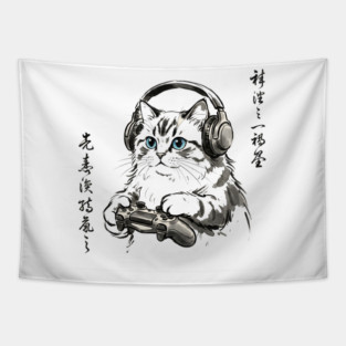 Gamer Cat Blue Eyes Japanese Aesthetic Cat Lover Tapestry