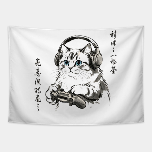Gamer Cat Blue Eyes Japanese Aesthetic Cat Lover Tapestry by ArtistTee ⭐⭐⭐⭐⭐