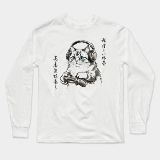 Gamer Cat Blue Eyes Japanese Aesthetic Cat Lover Long Sleeve T-Shirt