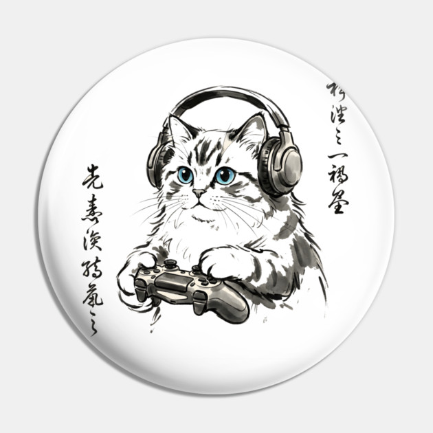 Gamer Cat Blue Eyes Japanese Aesthetic Cat Lover Pin by ArtistTee ⭐⭐⭐⭐⭐