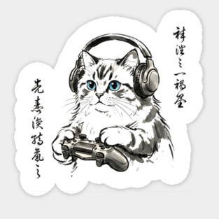 Gamer Cat Blue Eyes Japanese Aesthetic Cat Lover Sticker