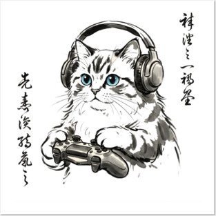 Gamer Cat Blue Eyes Japanese Aesthetic Cat Lover Posters and Art