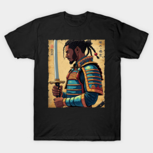 Afro Warrior Samurai Aesthetic Illustration With Katana Strength And Honor T-Shirt