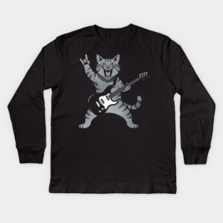 Funny Cat Playing Guitar Rock and Roll Gifts Men Women Kids Kids Long Sleeve T-Shirt