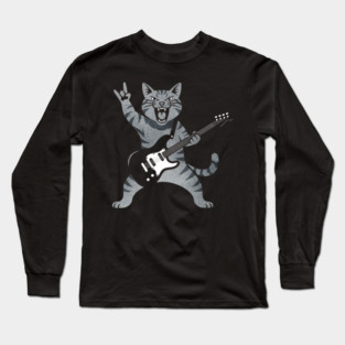 Funny Cat Playing Guitar Rock and Roll Gifts Men Women Kids Long Sleeve T-Shirt