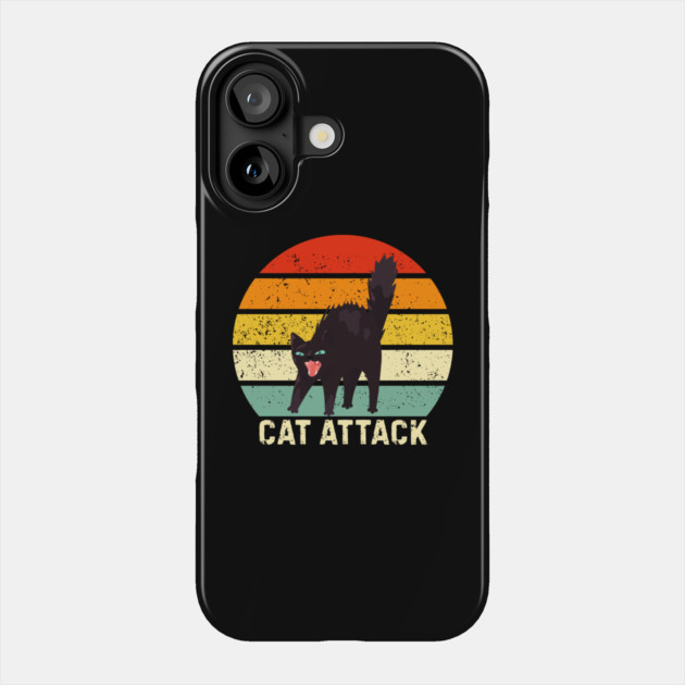 Cat Attack Hissing Black Cat Retro Sunset Stripes Phone Case by Creatifly Graphic Tees