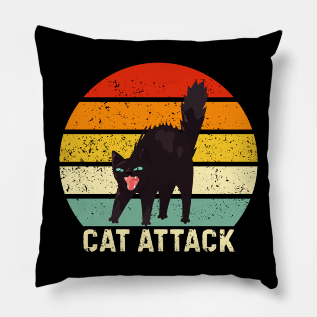 Cat Attack Hissing Black Cat Retro Sunset Stripes Pillow by Creatifly Graphic Tees