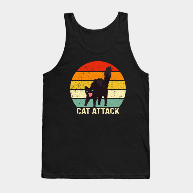 Cat Attack Hissing Black Cat Retro Sunset Stripes Tank Top by Creatifly Graphic Tees