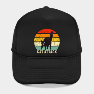 Cat Attack Hissing Black Cat Retro Sunset Stripes Hat