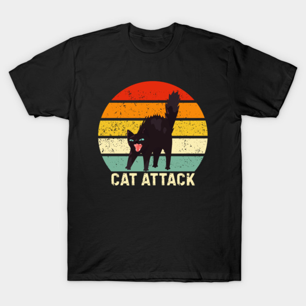 Cat Attack Hissing Black Cat Retro Sunset Stripes T-Shirt by Creatifly Graphic Tees