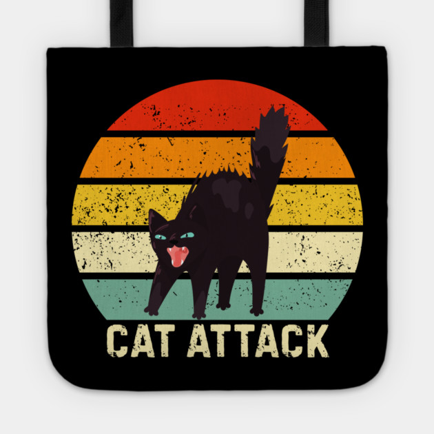 Cat Attack Hissing Black Cat Retro Sunset Stripes Tote by Creatifly Graphic Tees