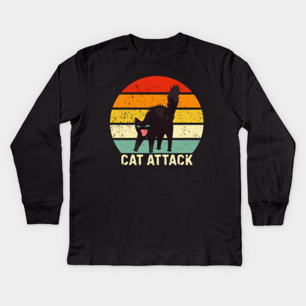 Cat Attack Hissing Black Cat Retro Sunset Stripes Kids Long Sleeve T-Shirt by Creatifly Graphic Tees