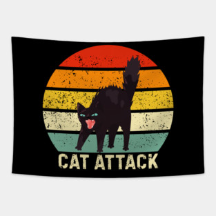 Cat Attack Hissing Black Cat Retro Sunset Stripes Tapestry