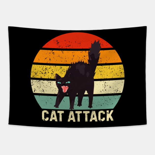 Cat Attack Hissing Black Cat Retro Sunset Stripes Tapestry by Creatifly Graphic Tees