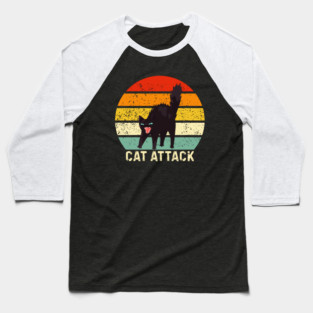 Cat Attack Hissing Black Cat Retro Sunset Stripes Baseball T-Shirt