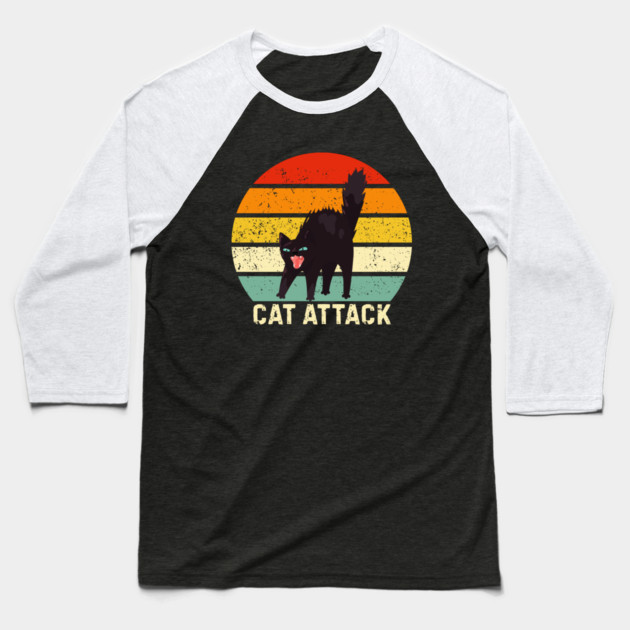 Cat Attack Hissing Black Cat Retro Sunset Stripes Baseball T-Shirt by Creatifly Graphic Tees