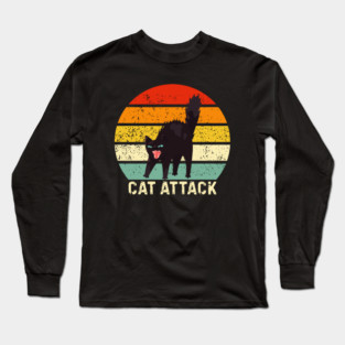 Cat Attack Hissing Black Cat Retro Sunset Stripes Long Sleeve T-Shirt