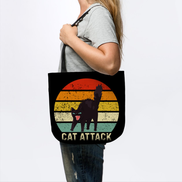 Cat Attack Hissing Black Cat Retro Sunset Stripes by Creatifly Graphic Tees
