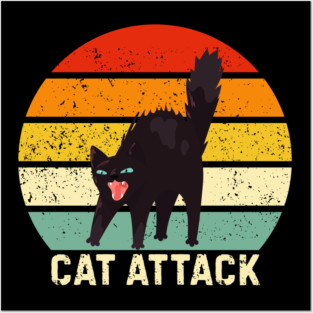 Cat Attack Hissing Black Cat Retro Sunset Stripes Posters and Art