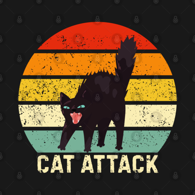 Cat Attack Hissing Black Cat Retro Sunset Stripes by Creatifly Graphic Tees