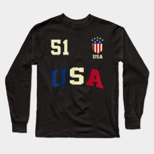 American USA Flag Soccer Jersey Favorite Lucky Number 51 Women Men Long Sleeve T-Shirt