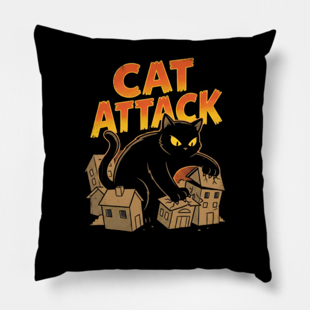Cat Attack Giant Black Catzilla Monster Retro Comic Pillow by Creatifly Graphic Tees