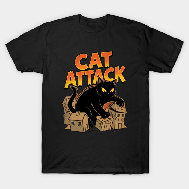 Cat Attack Giant Black Catzilla Monster Retro Comic T-Shirt by Creatifly Graphic Tees