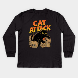 Cat Attack Giant Black Catzilla Monster Retro Comic Kids Long Sleeve T-Shirt