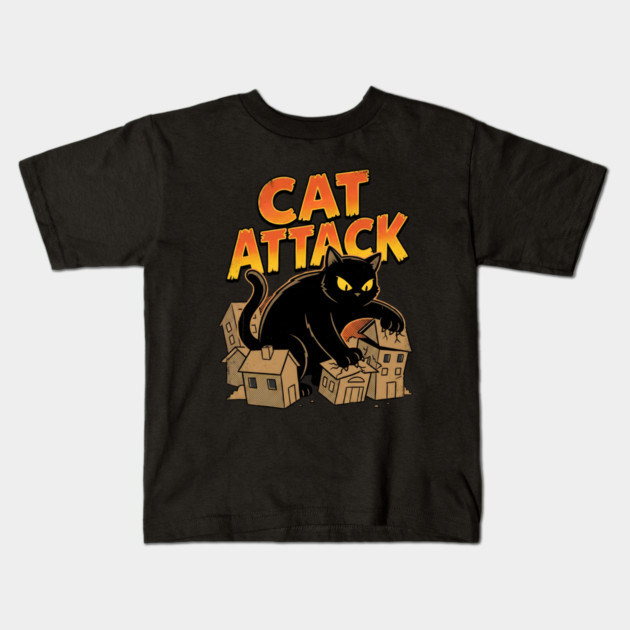Cat Attack Giant Black Catzilla Monster Retro Comic Kids T-Shirt by Creatifly Graphic Tees