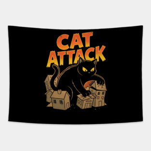 Cat Attack Giant Black Catzilla Monster Retro Comic Tapestry