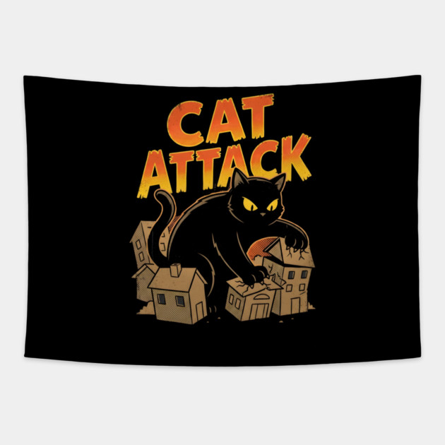 Cat Attack Giant Black Catzilla Monster Retro Comic Tapestry by Creatifly Graphic Tees