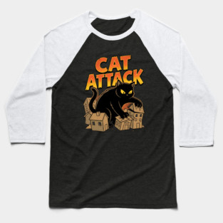 Cat Attack Giant Black Catzilla Monster Retro Comic Baseball T-Shirt
