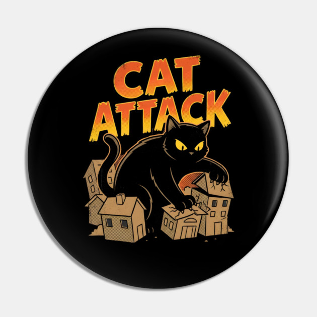Cat Attack Giant Black Catzilla Monster Retro Comic Pin by Creatifly Graphic Tees