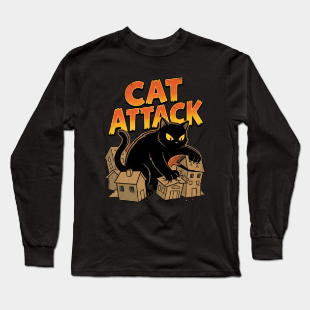 Cat Attack Giant Black Catzilla Monster Retro Comic Long Sleeve T-Shirt by Creatifly Graphic Tees