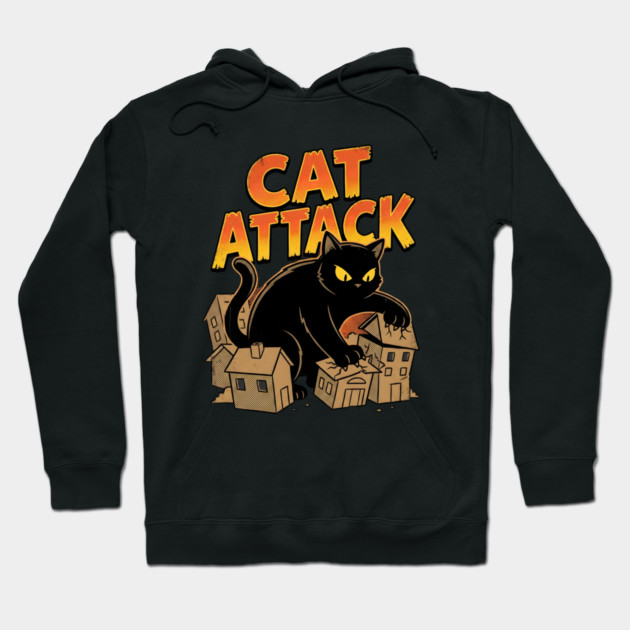 Cat Attack Giant Black Catzilla Monster Retro Comic Hoodie by Creatifly Graphic Tees