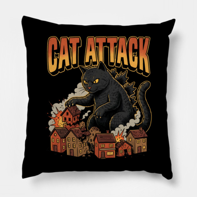 Cat Attack Giant Catzilla Cat Comic Monster Pillow by Creatifly Graphic Tees