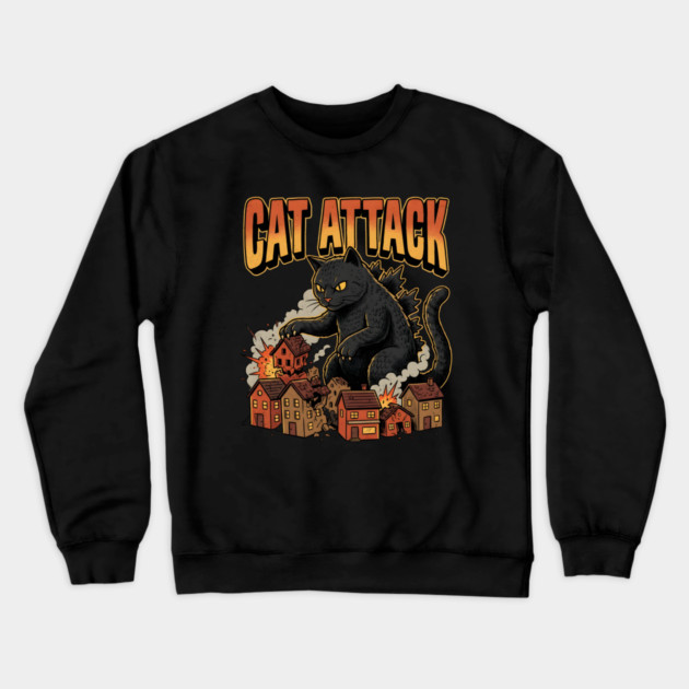 Cat Attack Giant Catzilla Cat Comic Monster Crewneck Sweatshirt by Creatifly Graphic Tees