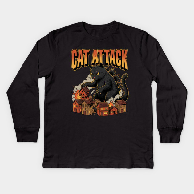 Cat Attack Giant Catzilla Cat Comic Monster Kids Long Sleeve T-Shirt by Creatifly Graphic Tees