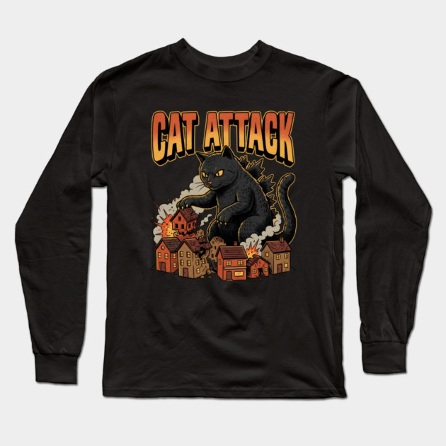 Cat Attack Giant Catzilla Cat Comic Monster Long Sleeve T-Shirt by Creatifly Graphic Tees