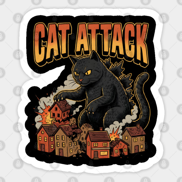 Cat Attack Giant Catzilla Cat Comic Monster Sticker by Creatifly Graphic Tees