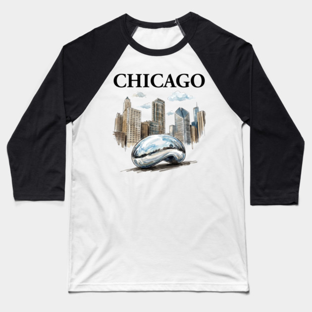 Chicago Bean Ink Wash Skyline Baseball T-Shirt by Designed By Marty