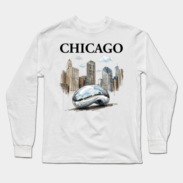 Chicago Bean Ink Wash Skyline Long Sleeve T-Shirt by Designed By Marty