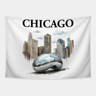 Chicago Bean Ink Wash Skyline Tapestry